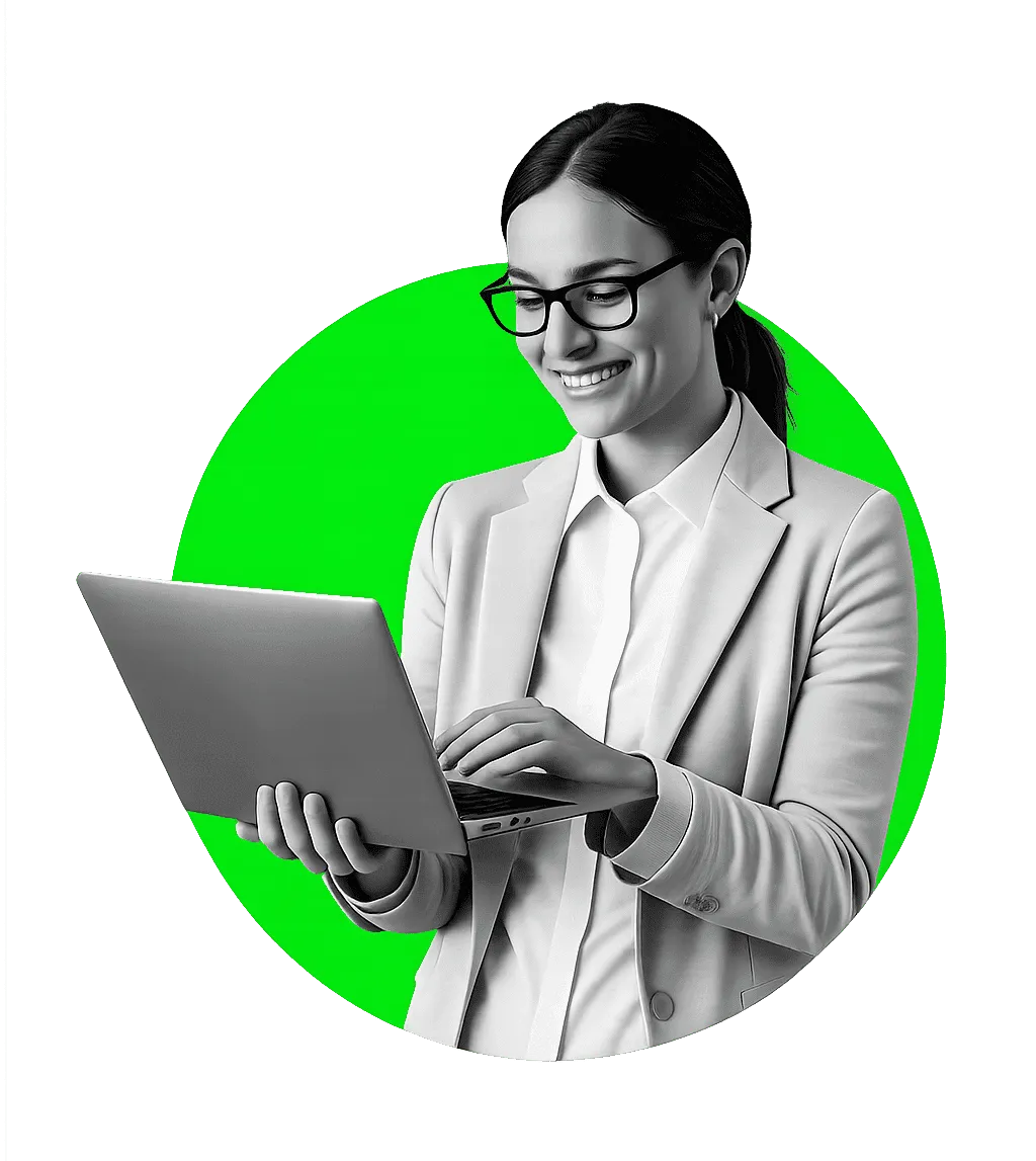 A smiling woman with a laptop representing the best performance marketing agency in Mannarkkad – Zeedot