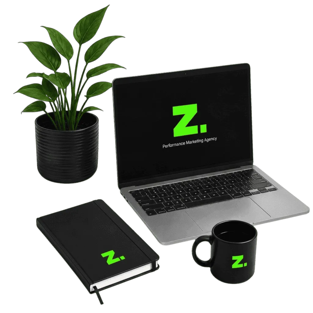 A branded laptop screen, notebook, and mug representing the logo of the best performance marketing agency in Mannarkkad, Palakkad.
