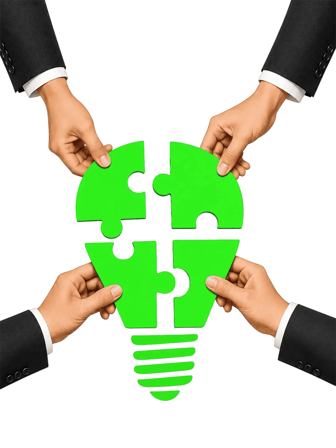 Four hands assembling a green lightbulb puzzle symbolizing creative strategy from a best performance marketing and advertising agency