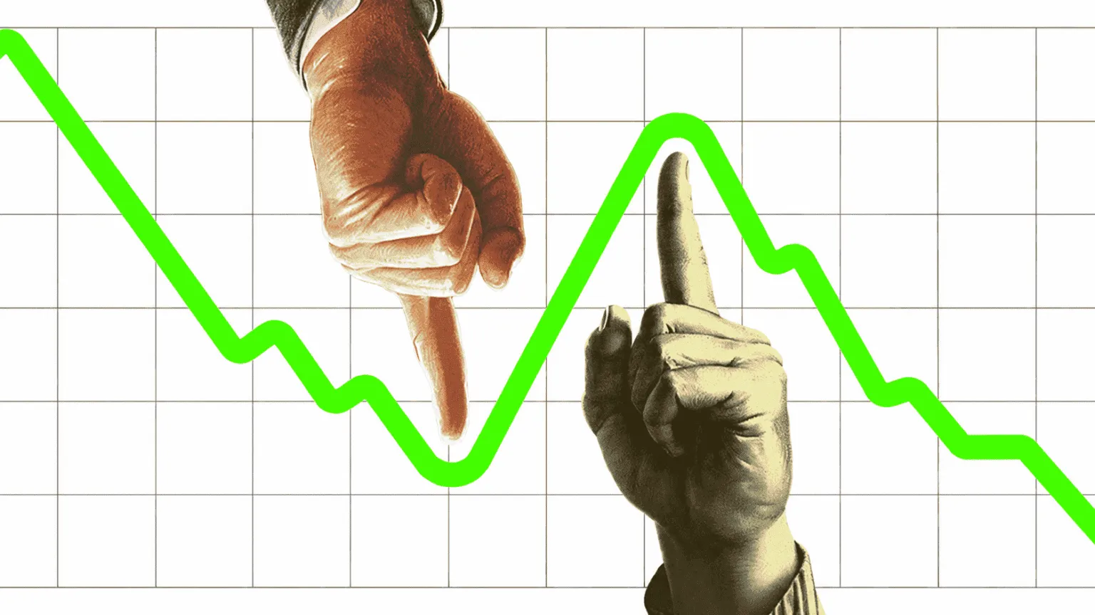 An analytics growth chart with hands pointing to a rising green line representing results from the best performance marketing agency in mannarkkad