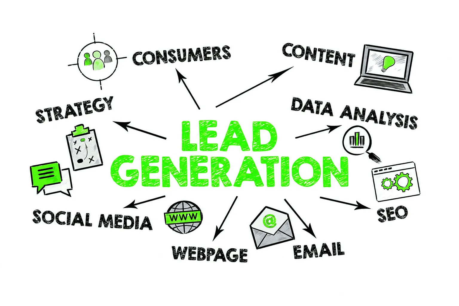Lead generation campaign diagram focusing on social media, web strategy, and business growth in best performance marketing agency, Mannarkkad.