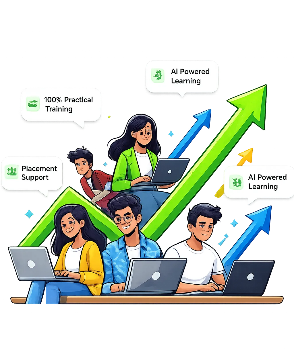 Team of learners with laptops highlighting practical training and AI-powered learning at the best digital marketing institute in Kerala.